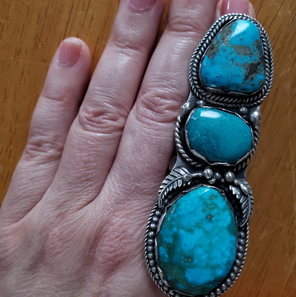 huge genuine turquoise ring 3 stone unmarked - Picture 4 of 8